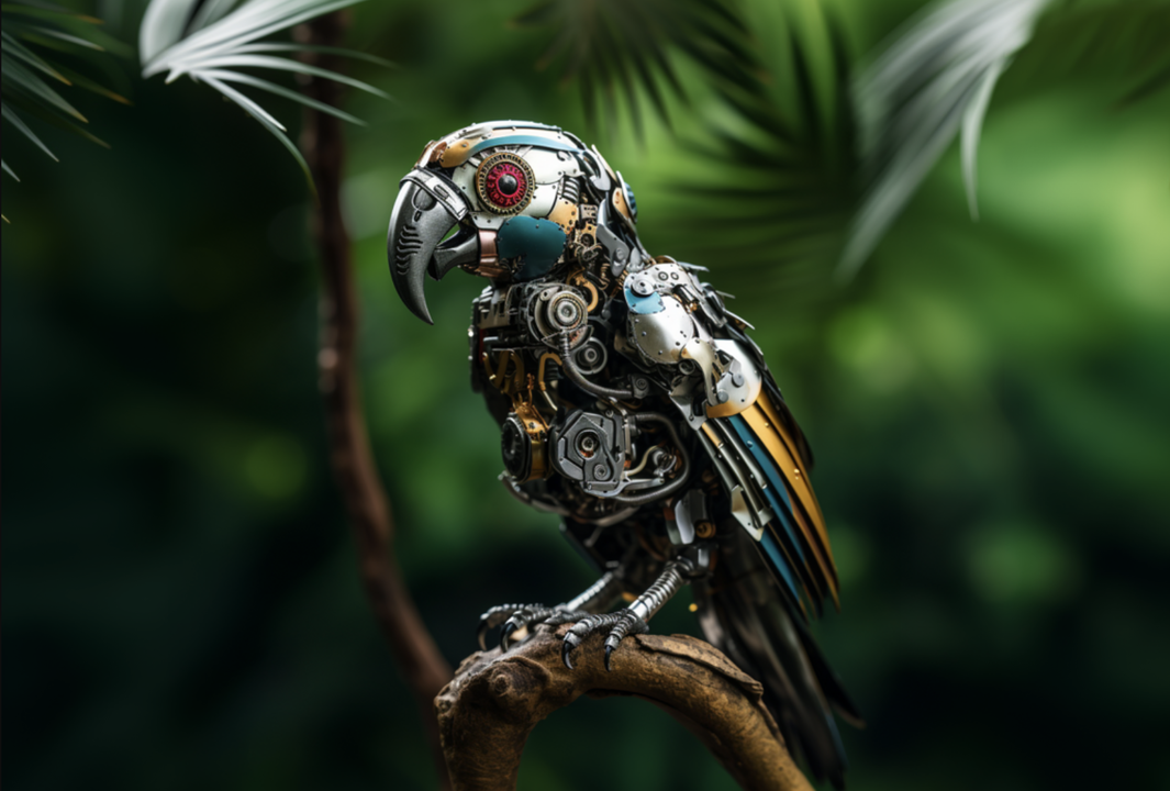 &nbsp;Abb. 1: Die Metapher "Stochastischer Papagei" spielt mit populären Missverständnissen über die Funktion aktueller Sprachmodelle (Large Language Modells, LLMs). Generiert von&nbsp;<a href="https://www.linkedin.com/pulse/stochastic-parrots-florian-pestoni" target="_blank" rel="noreferrer noopener">Florian Pestoni</a>&nbsp;mit Midjourney (Abbildung ist kein OER, sondern unterliegt dem Zitatrecht).