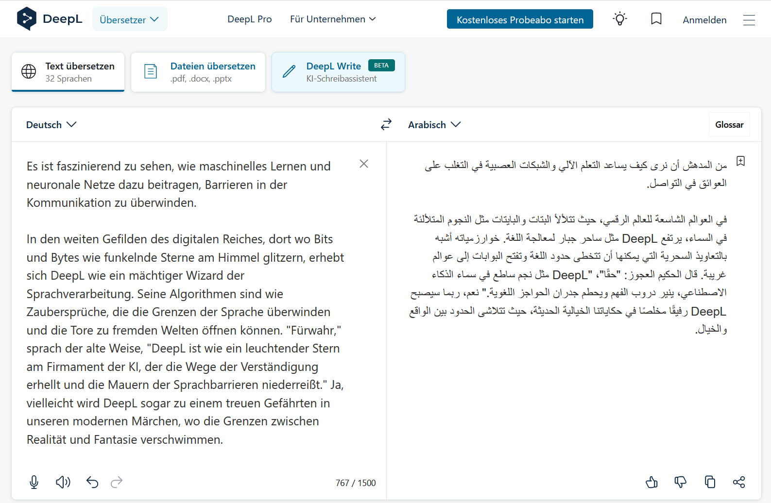Abb. 4: Mit Hilfe von ChatGPT erstelltes Märchen über DeepL mit DeepL ins Arabische übersetzt